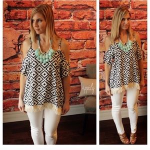 Black and Ivory Printed Cold Shoulder Top